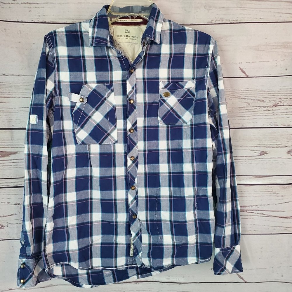 Scotch & Soda Blue and White Plaid Button-Down Shirt